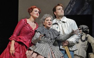 Brenda Rae (Cunegonde), Helene Schneiderman (Old Lady), And Alek Shrader (Candide). Photo Credit: Ken Howard For Santa Fe Opera, 2018