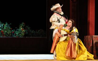 Left-Right; Quinn Kelsey (Falstaff), Alexandra LoBianco (Alice Ford), photo by Curtis Brown for the Santa Fe Opera