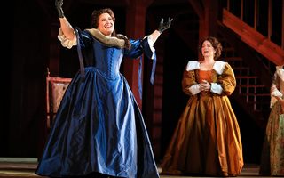 Left-Right; Alexandra LoBianco (Alice Ford), Megan Marino (Meg Page), photo by Curtis Brown for the Santa Fe Opera