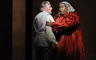 Left-Right; Simon O’Neill (Tristan), Eric Owens (King Marke), photo by Curtis Brown for the Santa Fe Opera