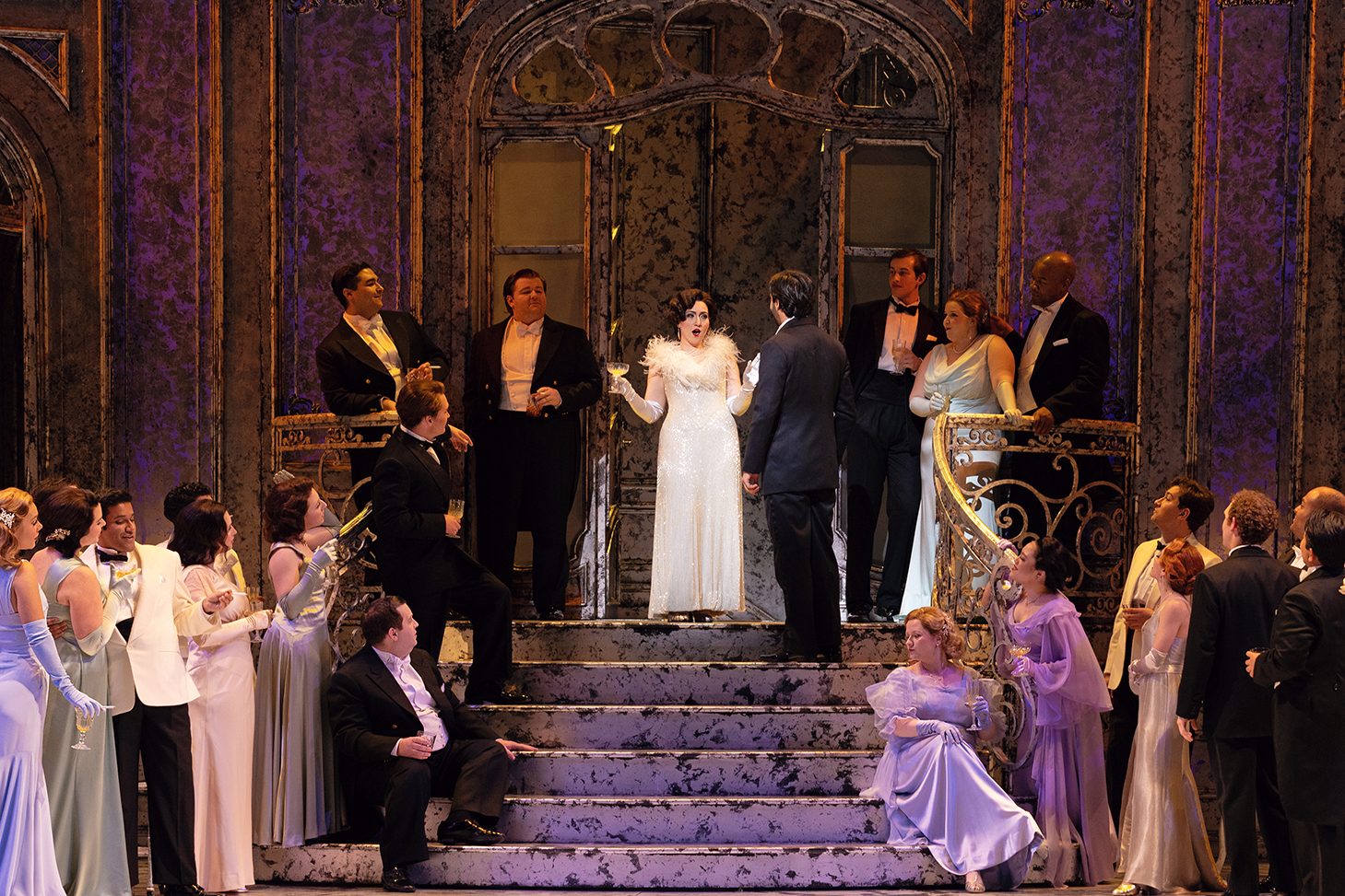 The Santa Fe Opera Chorus; center Mané Galoyan (Violetta), photo by Curtis Brown for the Santa Fe Opera