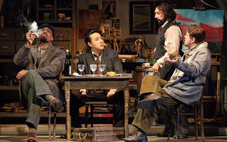 L - R: Solomon Howard (Colline), Long Long (Rodolfo), Efraín Solís (Schaunard), Szymon Mechliński (Marcello), photo by Curtis Brown for the Santa Fe Opera