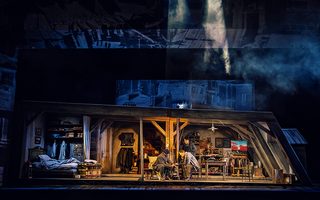 L - R: Soloman Howard (Colline), Long Long (Rodolfo), Szymon Mechliński (Marcello), photo by Curtis Brown for the Santa Fe Opera