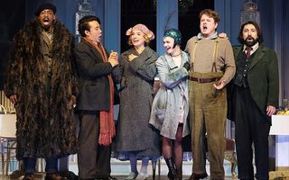 L - R: Solomon Howard (Colline), Long Long (Rodolfo), Sylvia D’Eramo (Mimì), Emma Marhefka (Musetta), Szymon Mechliński (Marcello), Efraín Solís (Schaunard), photo by Curtis Brown for the Santa Fe Opera