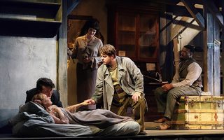 L - R: Long Long (Rodolfo), Sylvia D’Eramo (Mimì), Emma Marhefka (Musetta), Szymon Mechliński (Marcello), Solomon Howard (Colline), photo by Curtis Brown for the Santa Fe Opera