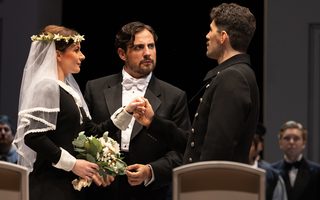 L - R: Liv Redpath (Susanna), Florian Sempey (Count Almaviva), Riccardo Fassi (Figaro), Photo by Bronwen Sharp for the Santa Fe Opera