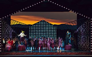 Front L - R: Duke Kim (Duke), Michael Chioldi (Rigoletto), Le Bu (Count Monterone), the Santa Fe Opera Chorus, photo by Curtis Brown for the Santa Fe Opera