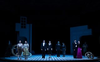 L-R Hongni Wu (Cherubino), Isobel Anthony (Barbarina), Florian Sempey (Count Almaviva), Jacquelyn Stucker (Countess Almaviva), Maurizio Muraro (Bartolo), Lucy Schaufer (Marcellina), Riccardo Fassi (Figaro), Liv Redpath (Susanna), Photo by Bronwen Sharp for the Santa Fe Opera