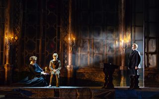 Jacquelyn Stucker (The Governess), Everett Baumgarten (Miles), Brenton Ryan (Peter Quint), photo by Curtis Brown for the Santa Fe Opera