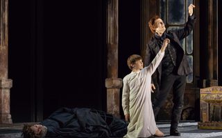 Jacquelyn Stucker (The Governess), Everett Baumgarten (Miles), Brenton Ryan (Peter Quint), photo by Curtis Brown for the Santa Fe Opera