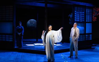 Background: Sun-Ly Pierce (Suzuki), Foreground: Karen Chia-ling Ho (Cio-Cio-San), Stephen Costello (B.F. Pinkerton), by Bronwen Sharp for the Santa Fe Opera