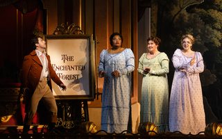 Josh Lovell (Tamino), Jasmin Ward (First Lady), Deanna Ray Eberhart (Second Lady), Lauren Randolph (Third Lady), by Bronwen Sharp for the Santa Fe Opera