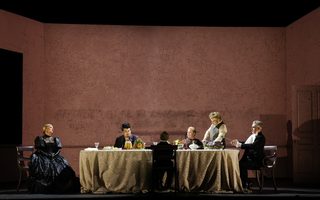 Lucy Crowe (Rodelinda), William Guanbo Su (Garibaldo) Maximilian Moore (Flavio), Meridian Prall (Eduige), Hugh Cutting (Unulfo), Anthony Gregory (Grimoaldo), photo by Bronwen Sharp for the Santa Fe Opera