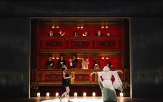 Foreground: Lindsay Martin (Orpheus), Audrey Welsh (Eurydice); Background: Lucia Lucas (Lili Elbe), Sylvia D’Eramo (Gerda Wegener), The Santa Fe Opera Chorus, by Bronwen Sharp for the Santa Fe Opera