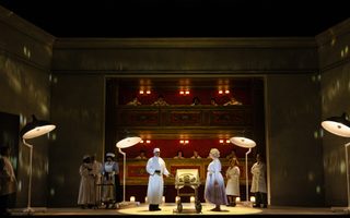 Alexis Seminario (Matron), Andrew Harris (Professor Warnekros), Lucia Lucas (Lili Elbe), The Santa Fe Opera Chorus, by Bronwen Sharp for the Santa Fe Opera